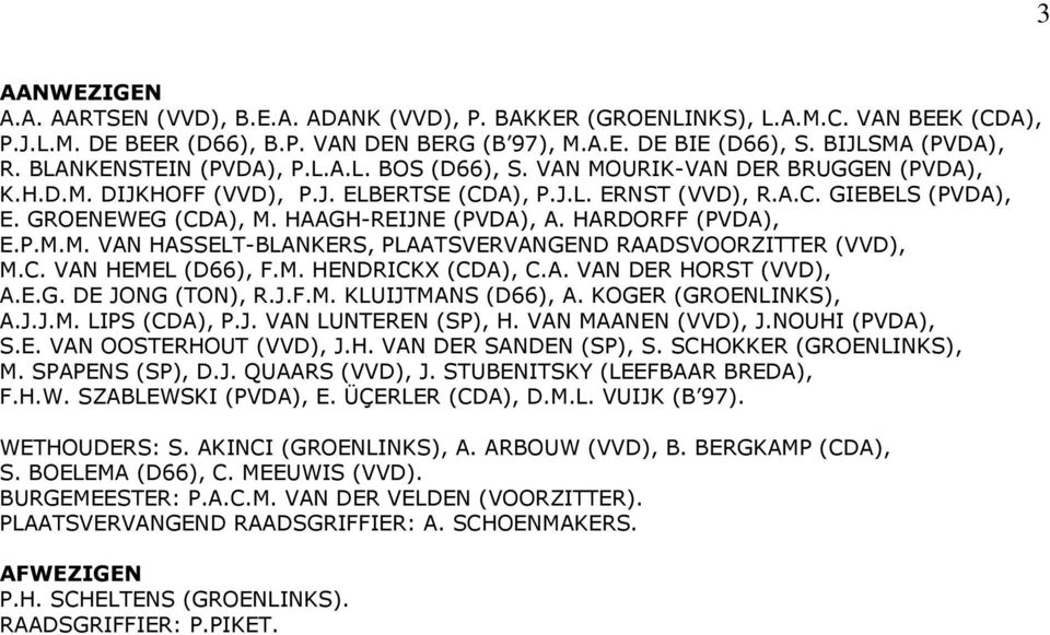HAAGH-REIJNE (PVDA), A. HARDORFF (PVDA), E.P.M.M. VAN HASSELT-BLANKERS, PLAATSVERVANGEND RAADSVOORZITTER (VVD), M.C. VAN HEMEL (D66), F.M. HENDRICKX (CDA), C.A. VAN DER HORST (VVD), A.E.G. DE JONG (TON), R.