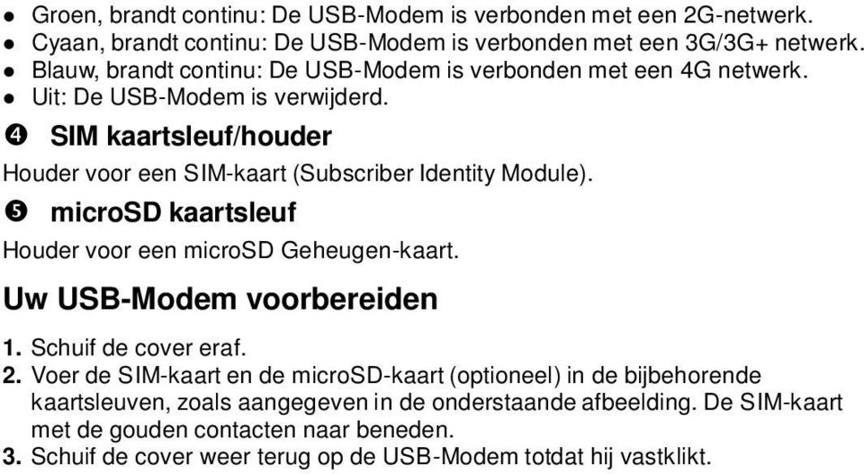 SIM kaartsleuf/houder Houder voor een SIM-kaart (Subscriber Identity Module). microsd kaartsleuf Houder voor een microsd Geheugen-kaart. Uw USB-Modem voorbereiden 1.