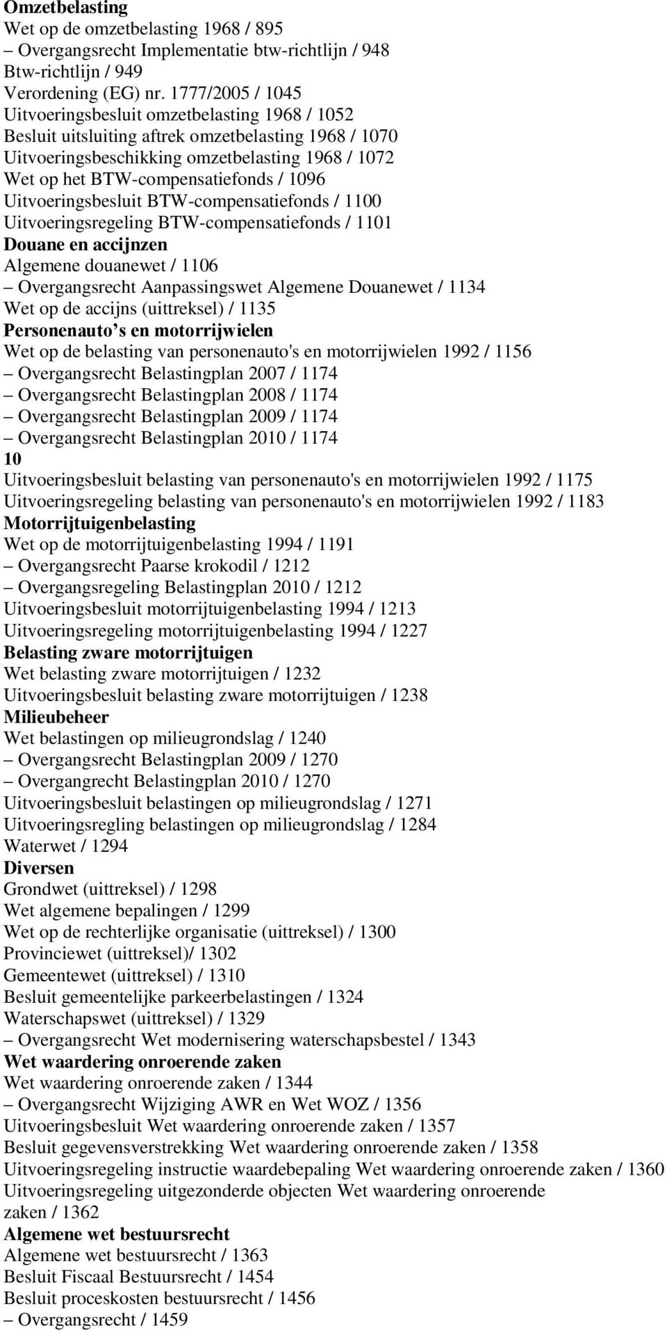 / 1096 Uitvoeringsbesluit BTW-compensatiefonds / 1100 Uitvoeringsregeling BTW-compensatiefonds / 1101 Douane en accijnzen Algemene douanewet / 1106 Overgangsrecht Aanpassingswet Algemene Douanewet /