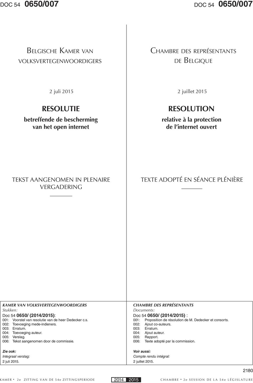001: Voorstel van resolutie van de heer Dedecker c.s. 002: Toevoeging mede-indieners. 003: Erratum. 004: Toevoeging auteur. 005: Verslag. 006: Tekst aangenomen door de commissie.