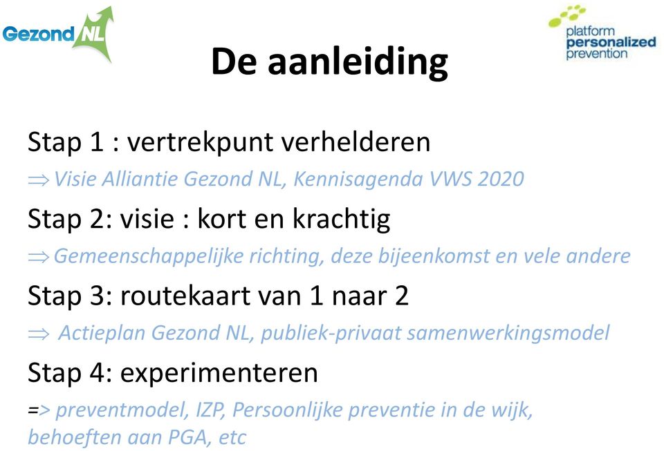 andere Stap 3: routekaart van 1 naar 2 Actieplan Gezond NL, publiek-privaat samenwerkingsmodel