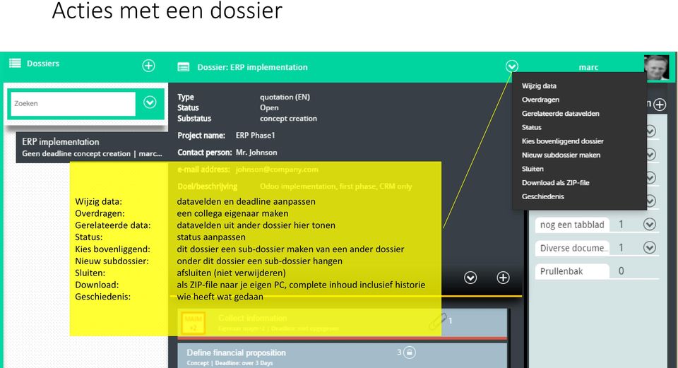 dossier hier tonen status aanpassen dit dossier een sub-dossier maken van een ander dossier onder dit dossier een