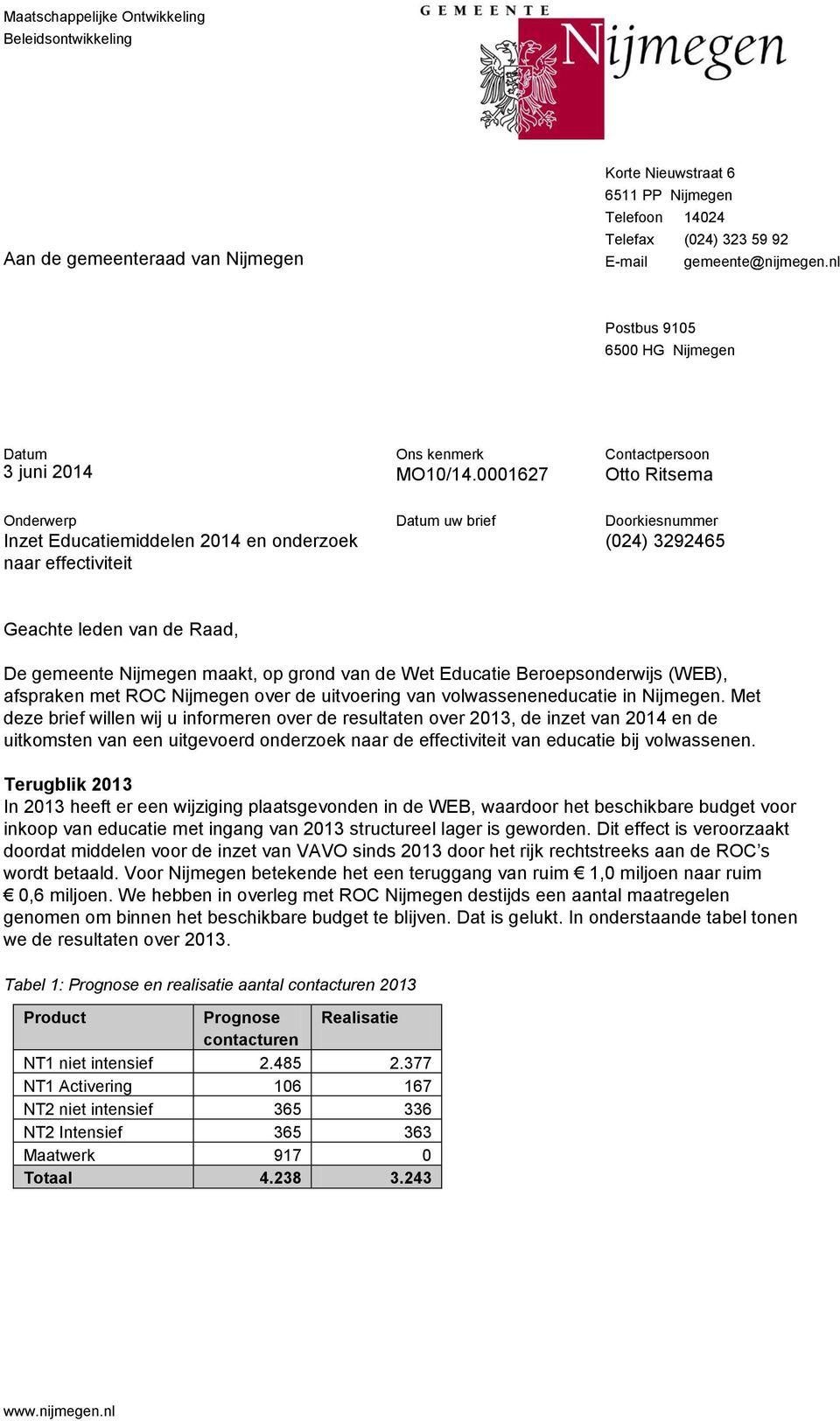 0001627 Contactpersoon Otto Ritsema Onderwerp Inzet Educatiemiddelen 2014 en onderzoek naar effectiviteit Datum uw brief Doorkiesnummer (024) 3292465 Geachte leden van de Raad, De gemeente Nijmegen