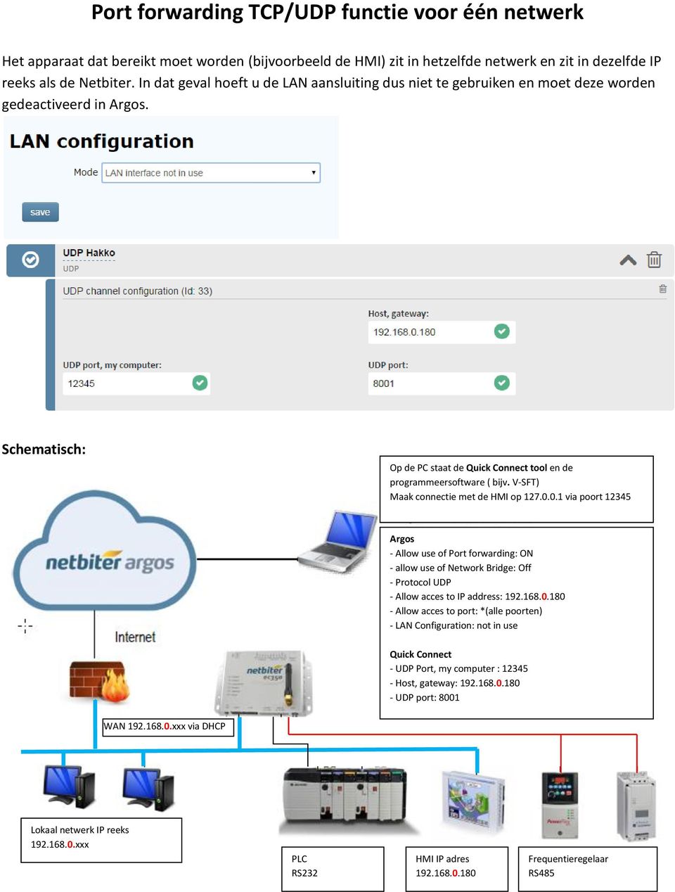 V-SFT) Maak connectie met de HMI op 127.0.0.1 via poort 12345 Argos - Allow use of Port forwarding: ON - allow use of Network Bridge: Off - Protocol UDP - Allow acces to IP address: 192.168.0.180 - Allow acces to port: *(alle poorten) - LAN Configuration: not in use Quick Connect - UDP Port, my computer : 12345 - Host, gateway: 192.