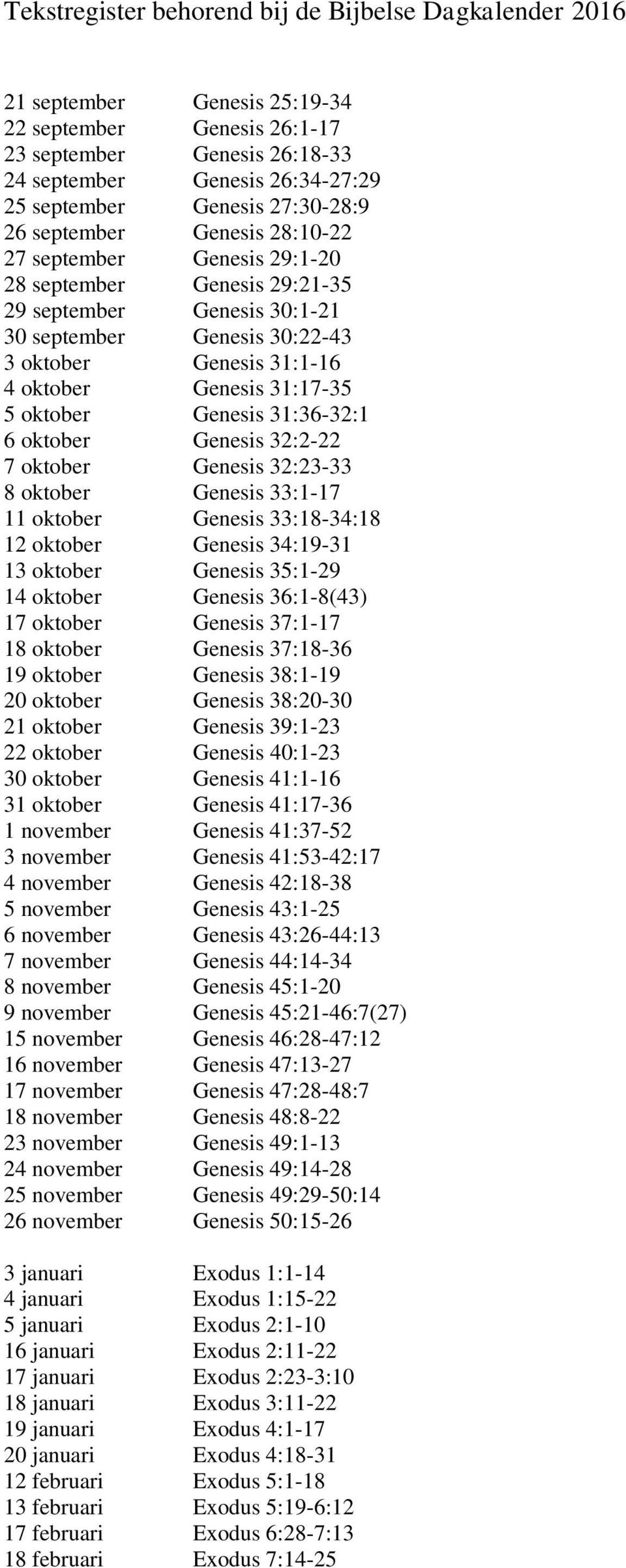 Genesis 31:17-35 5 oktober Genesis 31:36-32:1 6 oktober Genesis 32:2-22 7 oktober Genesis 32:23-33 8 oktober Genesis 33:1-17 11 oktober Genesis 33:18-34:18 12 oktober Genesis 34:19-31 13 oktober