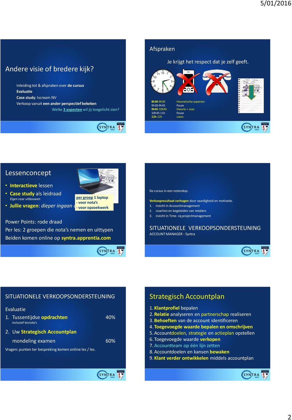 8h30-9h30 9h30-9h45 9h45-10h45 10h45-11h 11h-12h theoretische aspecten Pauze theorie + case Pauze cases Lessenconcept Interactieve lessen Case study als leidraad Eigen case uitbouwen Jullie vragen: