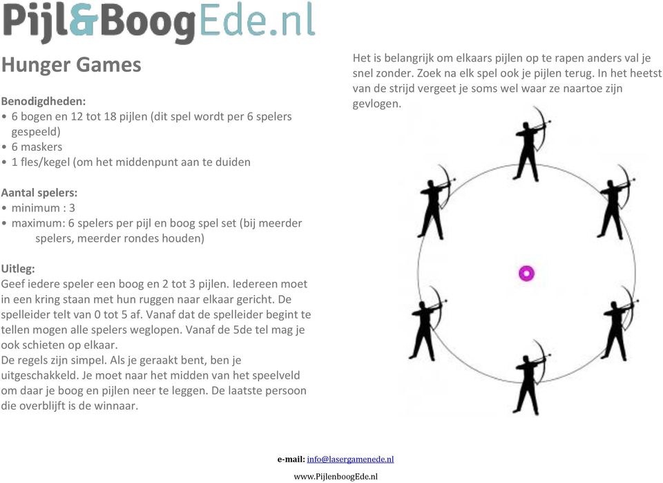 minimum : 3 maximum: 6 spelers per pijl en boog spel set (bij meerder spelers, meerder rondes houden) Geef iedere speler een boog en 2 tot 3 pijlen.