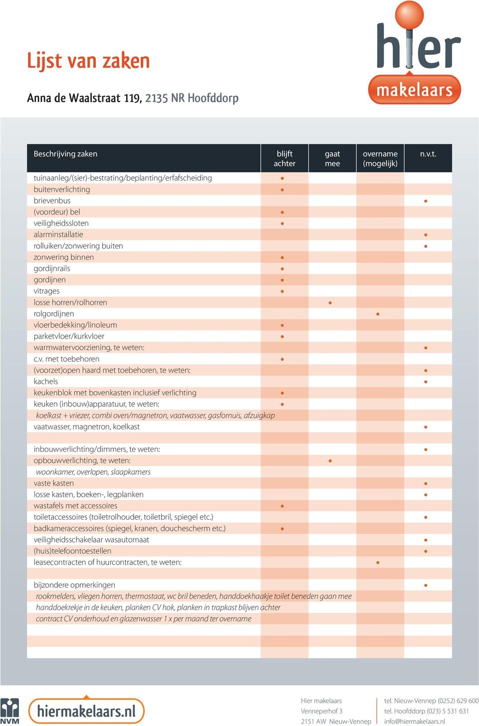 achter gaat mee overname (mogelijk) n.v.t. tuinaanleg/(sier)-bestrating/beplanting/erfafscheiding buitenverlichting brievenbus (voordeur) bel veiligheidssloten alarminstallatie rolluiken/zonwering