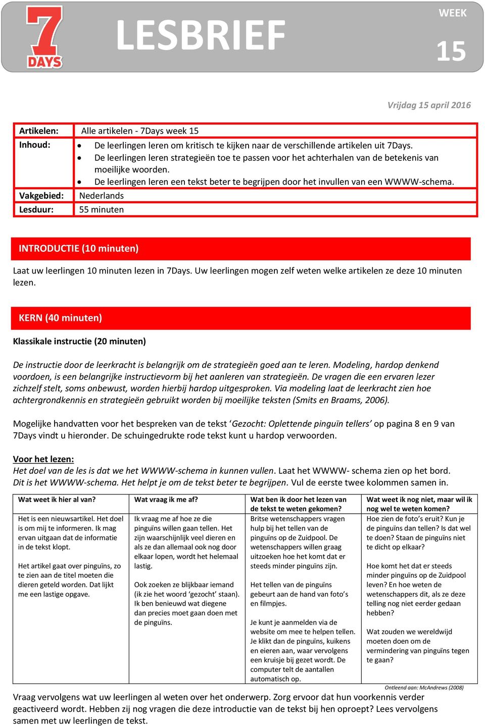 Vakgebied: Nederlands Lesduur: 55 minuten INTRODUCTIE (10 minuten) Laat uw leerlingen 10 minuten lezen in 7Days. Uw leerlingen mogen zelf weten welke artikelen ze deze 10 minuten lezen.