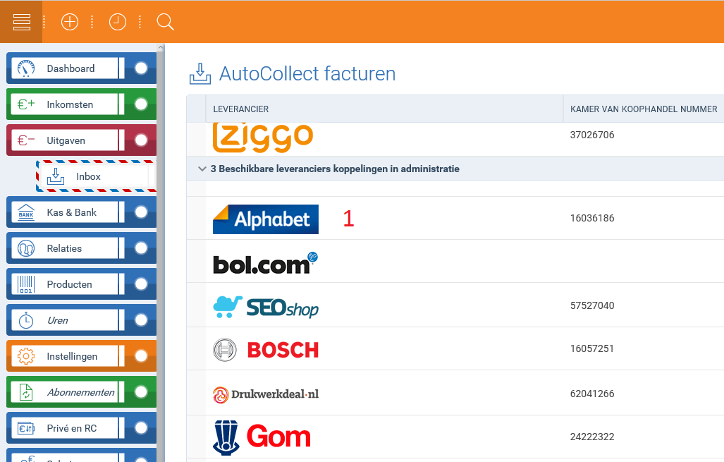 AutoCollect: koppelen van een leverancier - 1 Om Alphabet te koppelen, klikt u op het logo van deze leverancier (1).