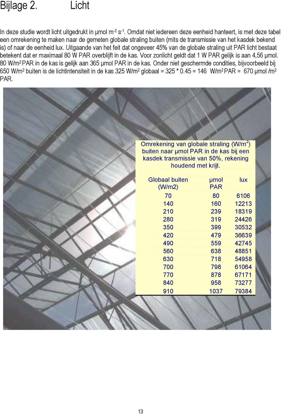 Uitgaande van het feit dat ongeveer 45% van de globale straling uit PAR licht bestaat betekent dat er maximaal 80 W PAR overblijft in de kas. Voor zonlicht geldt dat 1 W PAR gelijk is aan 4,56 µmol.