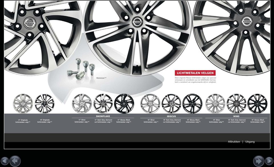 SNOWFLAKE IBISCUS WIND 7" Originele lichtmetalen velg () 9" Originele lichtmetalen velg (4) 7" Silver lichtmetalen velg (5) 7" Dark Grey diamond cut