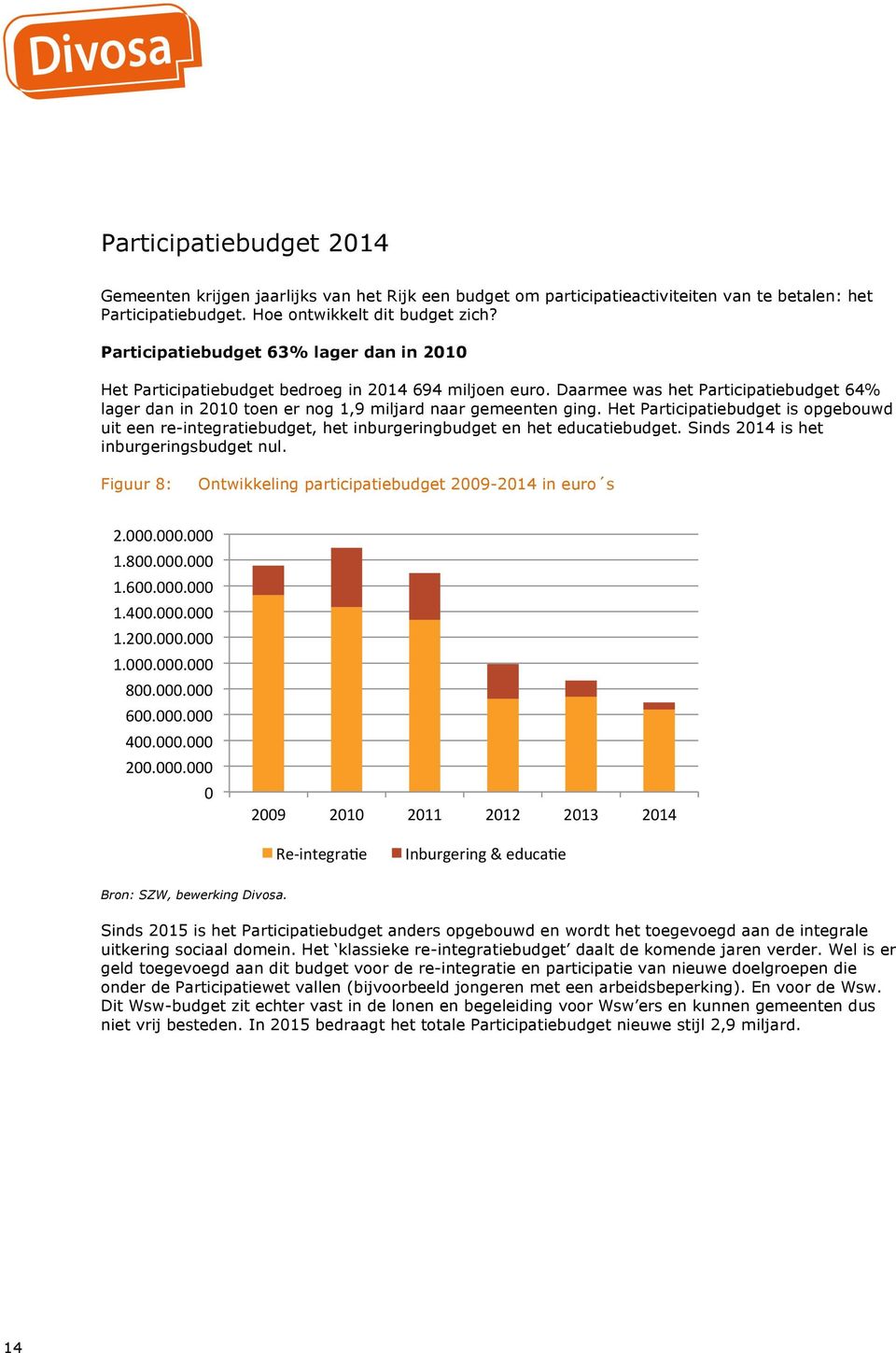 Het Participatiebudget is opgebouwd uit een re-integratiebudget, het inburgeringbudget en het educatiebudget. Sinds 2014 is het inburgeringsbudget nul.