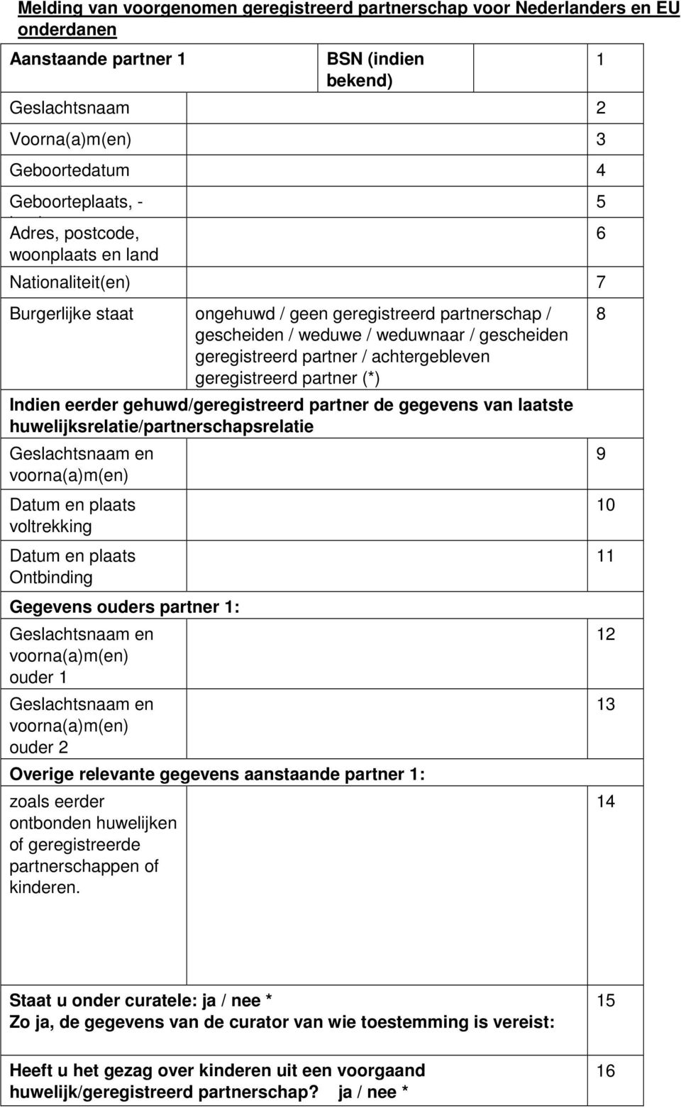 eerder gehuwd/geregistreerd partner de gegevens van laatste huwelijksrelatie/partnerschapsrelatie voltrekking Ontbinding Gegevens ouders partner 1: ouder 1 ouder 2 Overige relevante gegevens