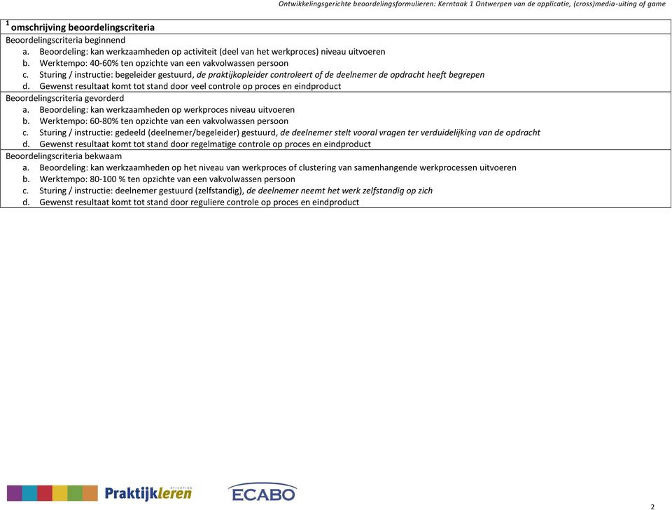 komt tot stand door veel controle op proces en product Beoordelingscriteria gevorderd a. Beoordeling: kan werkzaamheden op werkproces niveau uitvoeren b.