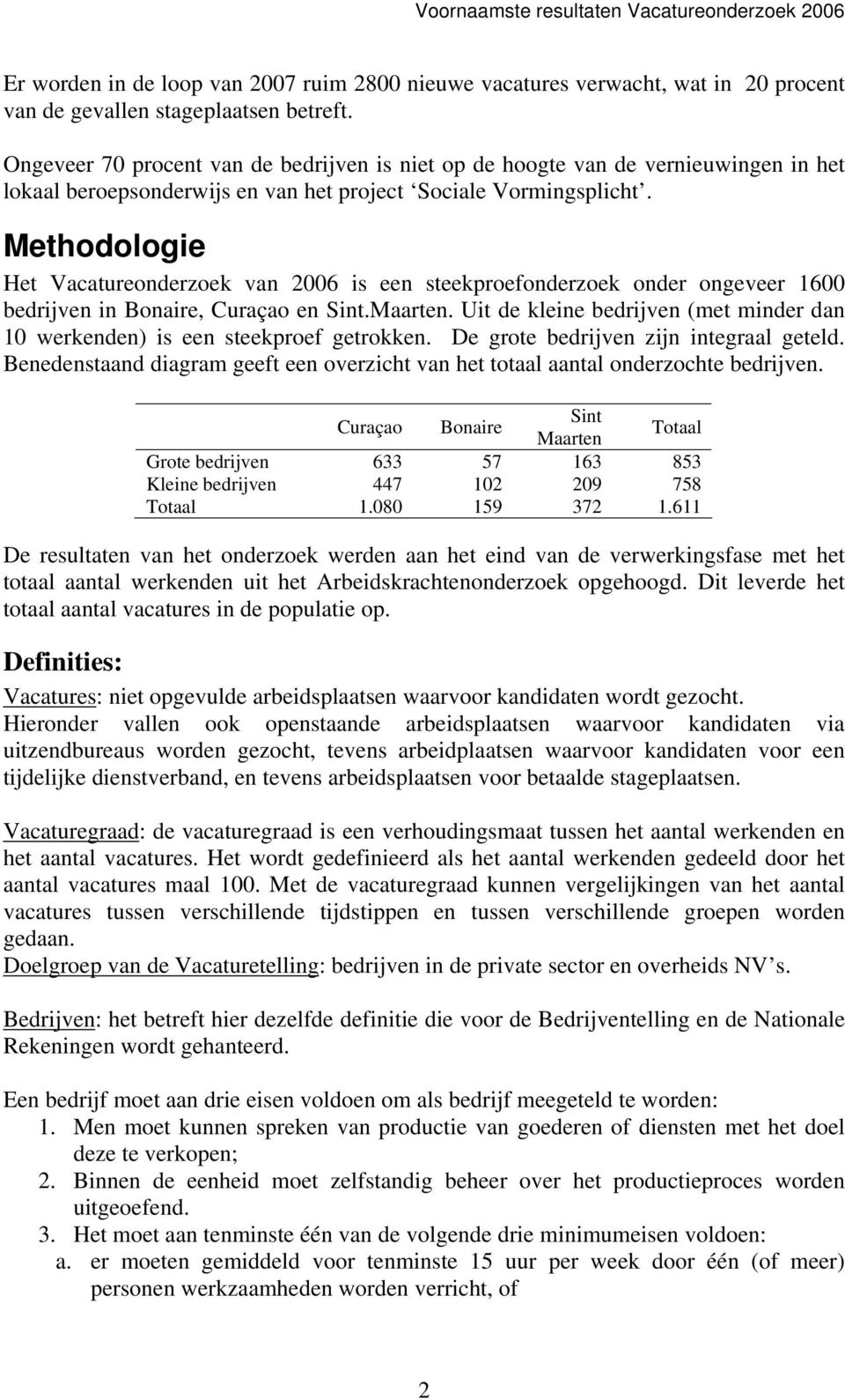 Methodologie Het Vacatureonderzoek van 2006 is een steekproefonderzoek onder ongeveer 1600 bedrijven in Bonaire, Curaçao en Sint.Maarten.