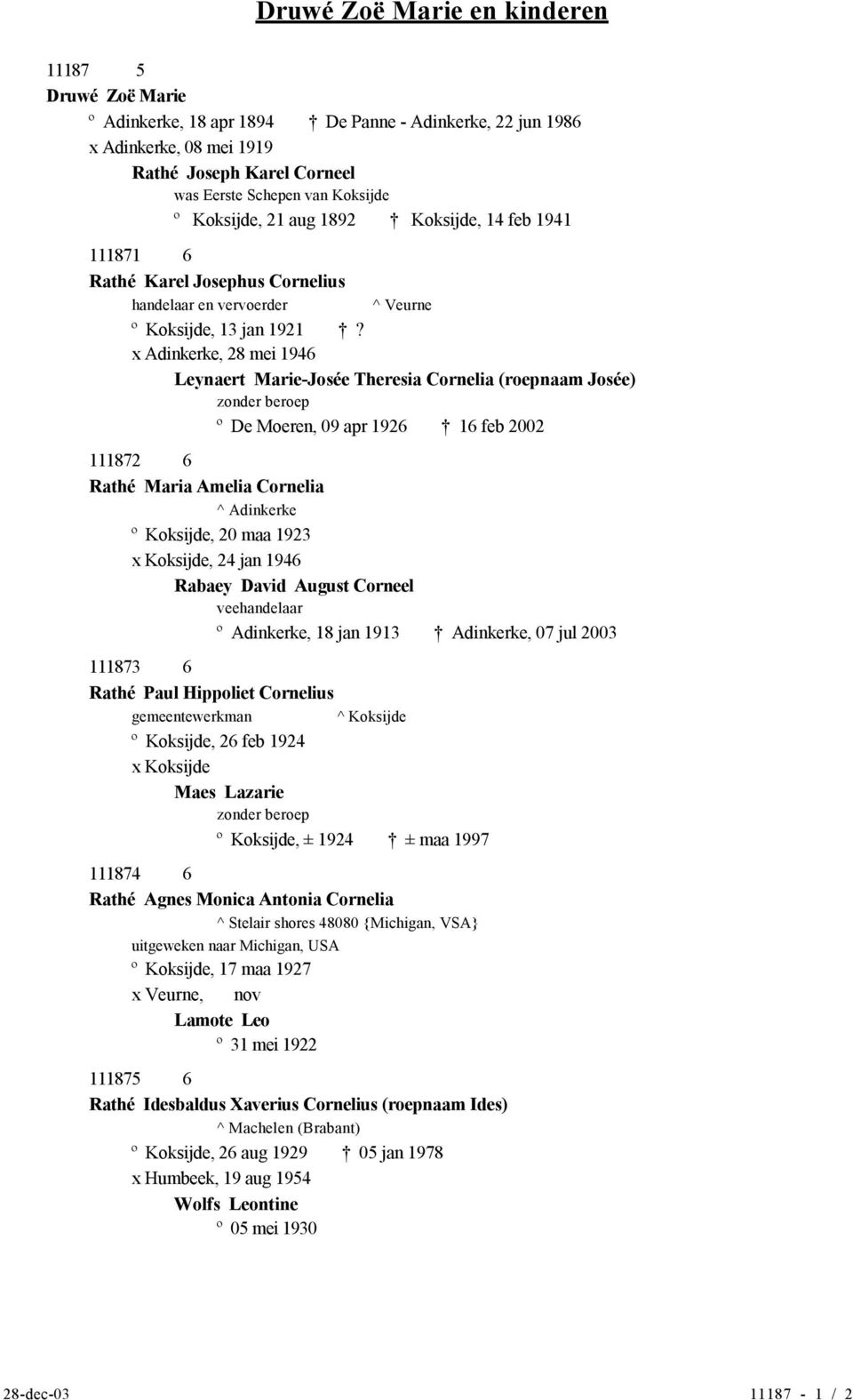 x Adinkerke, 28 mei 1946 Leynaert Marie-Josée Theresia Cornelia (roepnaam Josée) zonder beroep º De Moeren, 09 apr 1926 16 feb 2002 111872 6 Rathé Maria Amelia Cornelia ^ Adinkerke º Koksijde, 20 maa