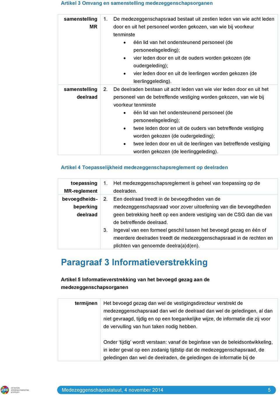 personeelsgeleding); vier leden door en uit de ouders worden gekozen (de oudergeleding); vier leden door en uit de leerlingen worden gekozen (de leerlinggeleding). 2.