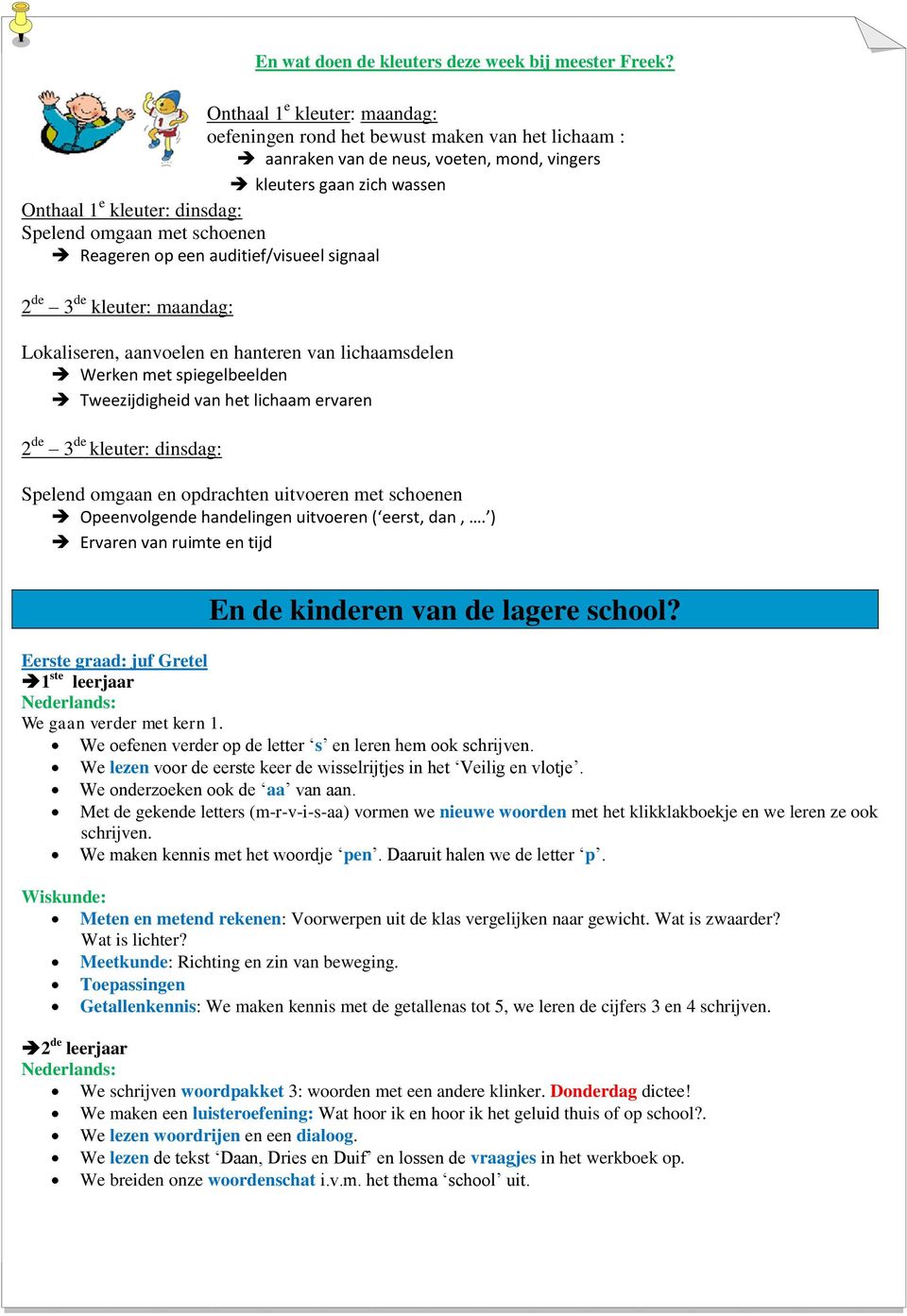 schoenen Reageren op een auditief/visueel signaal 2 de 3 de kleuter: maandag: Lokaliseren, aanvoelen en hanteren van lichaamsdelen Werken met spiegelbeelden Tweezijdigheid van het lichaam ervaren 2