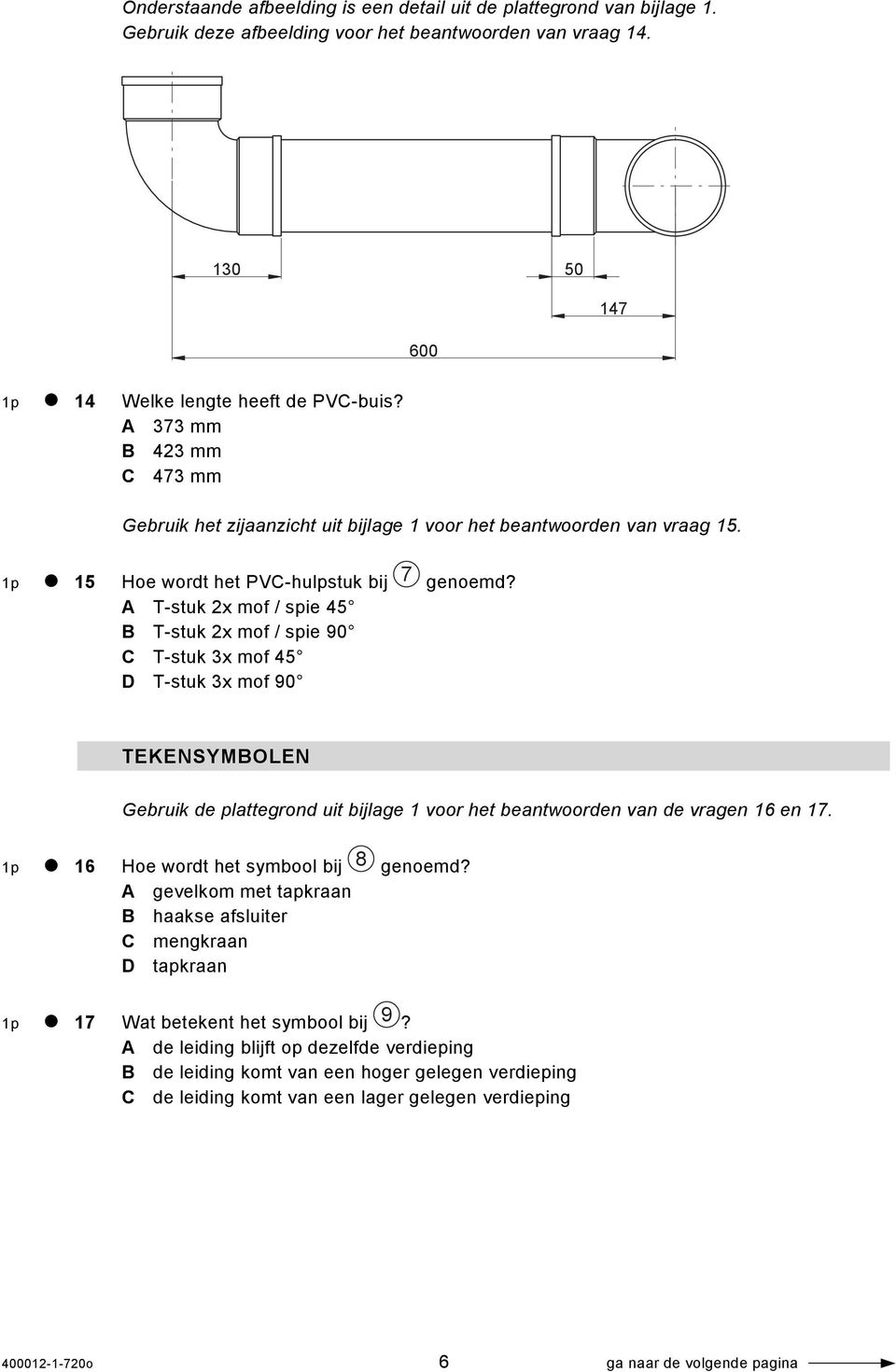 A T-stuk 2x mof / spie 45 B T-stuk 2x mof / spie 90 C T-stuk 3x mof 45 D T-stuk 3x mof 90 TEKENSYMBOLEN Gebruik de plattegrond uit bijlage 1 voor het beantwoorden van de vragen 16 en 17.