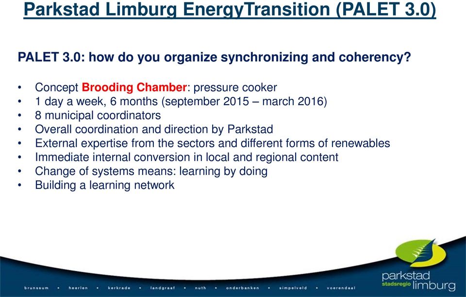 Overall coordination and direction by Parkstad External expertise from the sectors and different forms of renewables