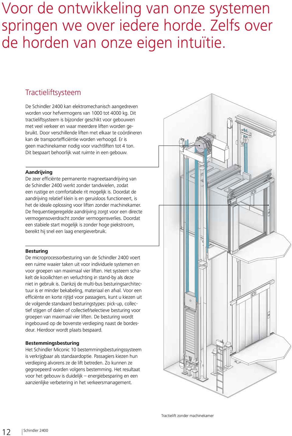 Dit tractieliftsysteem is bijzonder geschikt voor gebouwen met veel verkeer en waar meerdereliften worden gebruikt.