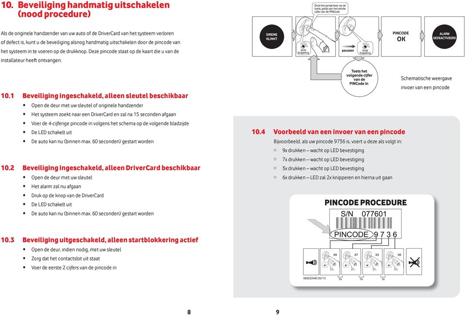 1 Beveiliging ingeschakeld, alleen sleutel beschikbaar Open de deur met uw sleutel of originele handzender Het systeem zoekt naar een DriverCard en zal na 1 seconden afgaan Voer de 4-cijferige