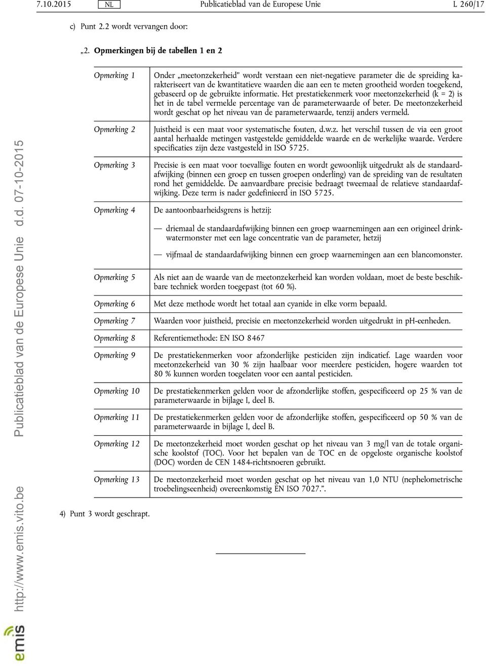 grootheid worden toegekend, gebaseerd op de gebruikte informatie. Het prestatiekenmerk voor meetonzekerheid (k = 2) is het in de tabel vermelde percentage van de parameterwaarde of beter.