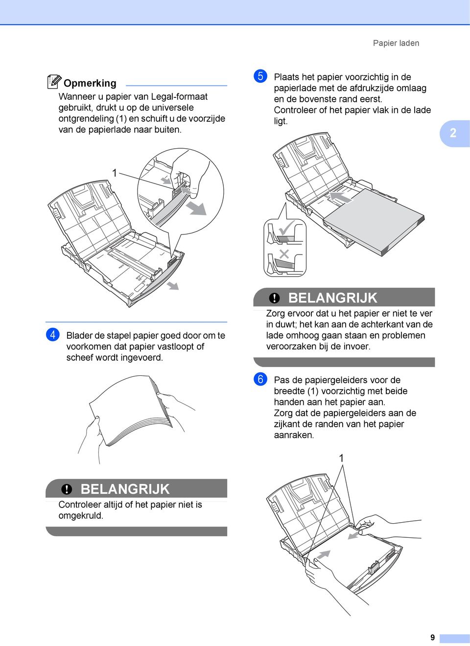 2 d Blader de stapel papier goed door om te voorkomen dat papier vastloopt of scheef wordt ingevoerd.