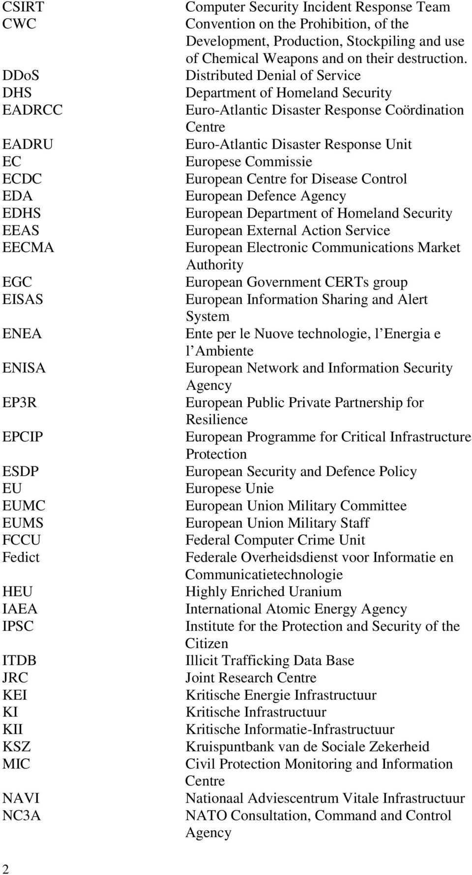 Distributed Denial of Service Department of Homeland Security Euro-Atlantic Disaster Response Coördination Centre Euro-Atlantic Disaster Response Unit Europese Commissie European Centre for Disease