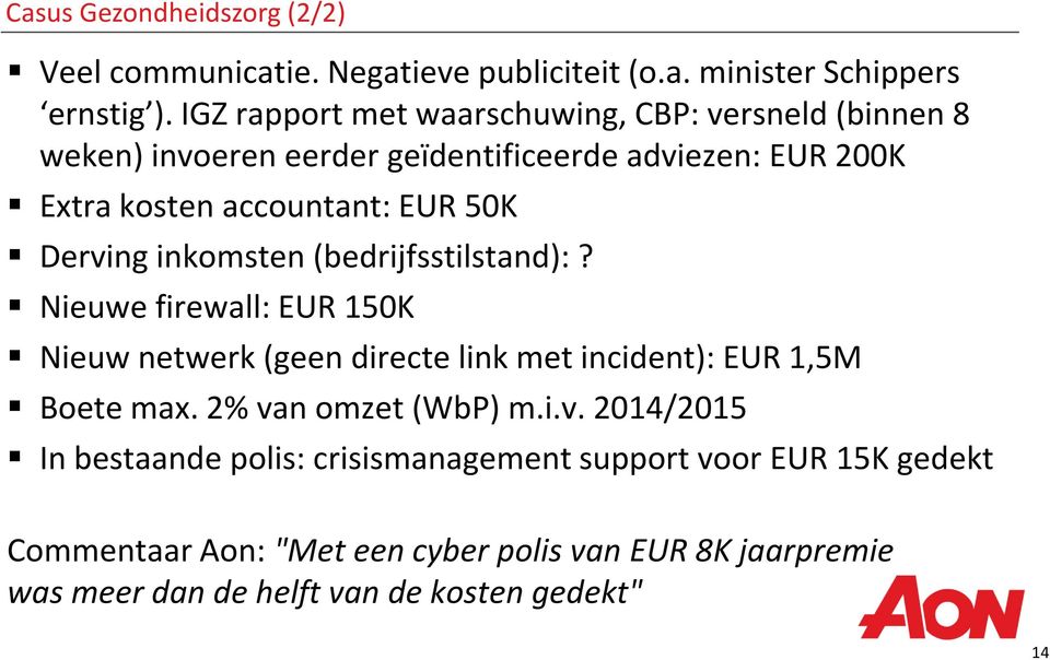 Derving inkomsten (bedrijfsstilstand):? Nieuwe firewall: EUR 150K Nieuw netwerk (geen directe link met incident): EUR 1,5M Boete max.