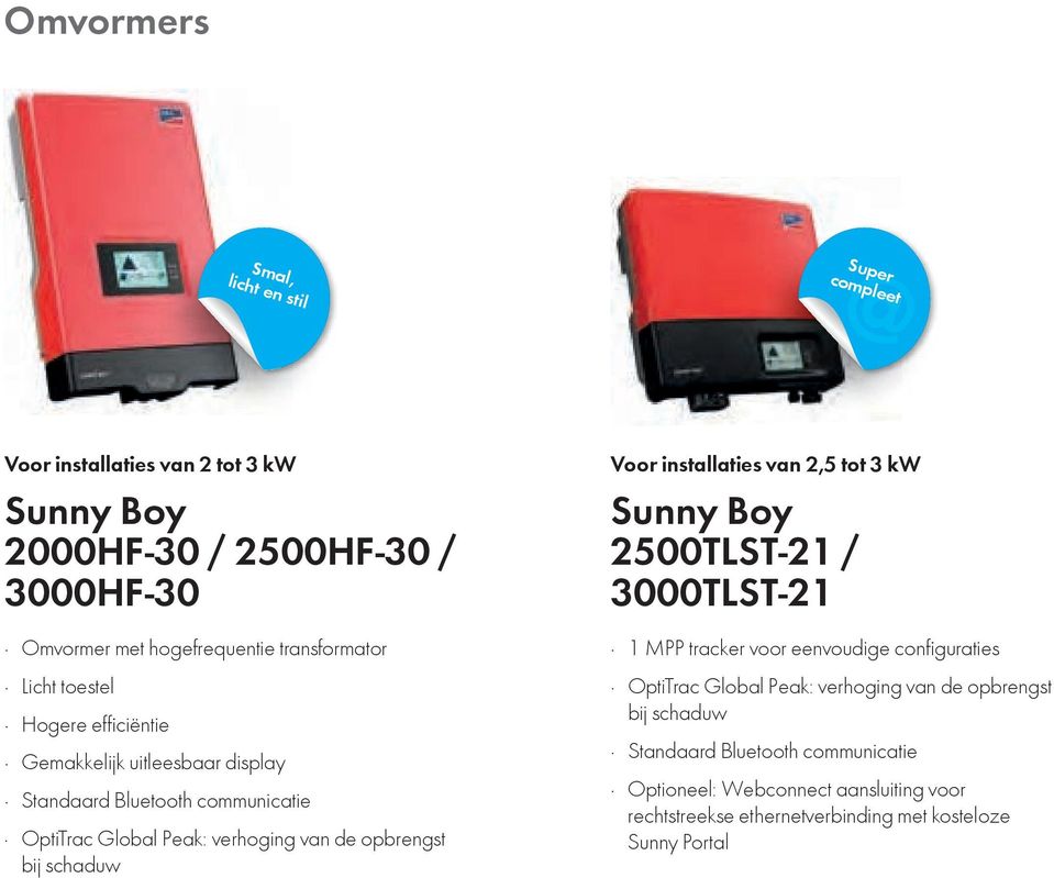 opbrengst bij schaduw Voor installaties van 2,5 tot 3 kw Sunny Boy 2500TLST-21 / 3000TLST-21 1 MPP tracker voor eenvoudige configuraties OptiTrac Global