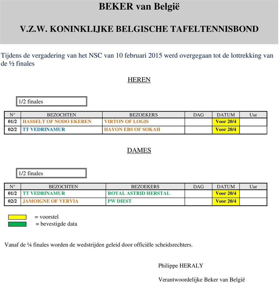 finales N BEZOCHTEN BEZOEKERS DAG DATUM Uur 01/2 HASSELT OF NODO EKEREN VIRTON OF LOGIS Voor 20/4 02/2 TT VEDRINAMUR HAYON EBS OF SOKAH Voor 20/4 DAMES 1/2