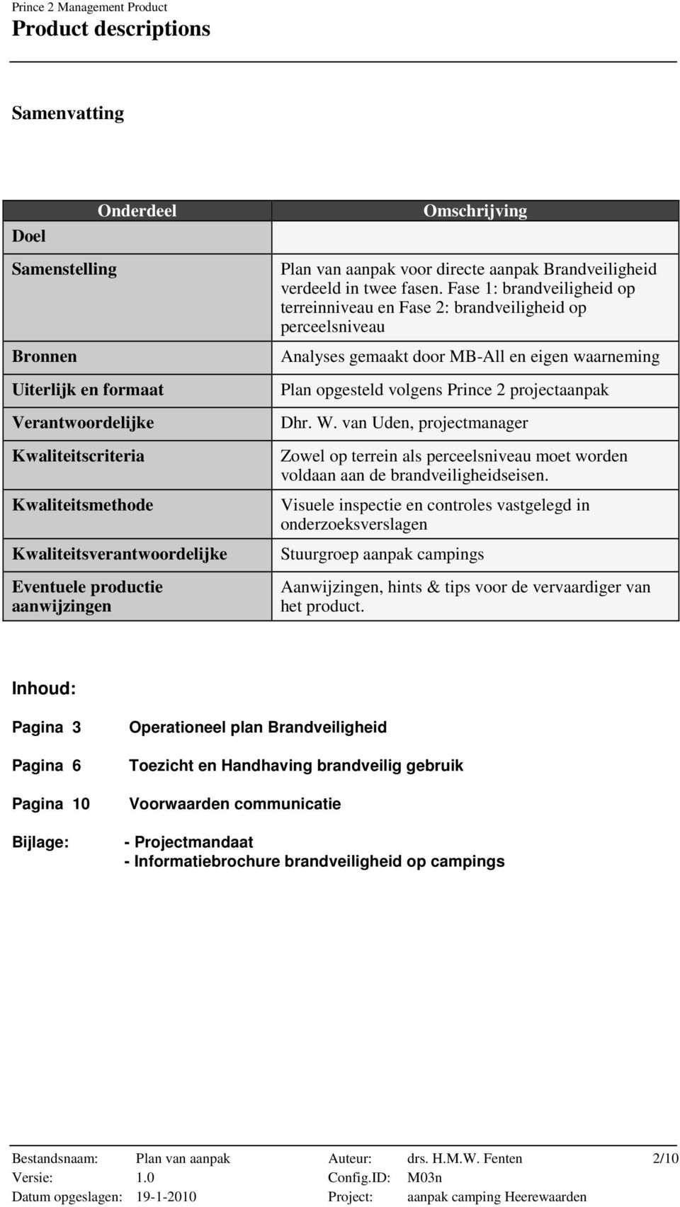 Fase 1: brandveiligheid op terreinniveau en Fase 2: brandveiligheid op perceelsniveau Analyses gemaakt door MB-All en eigen waarneming Plan opgesteld volgens Prince 2 projectaanpak Dhr. W.