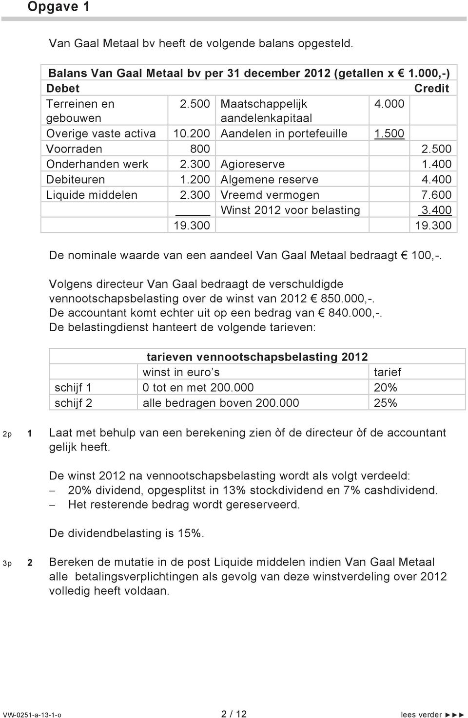400 Liquide middelen 2.300 Vreemd vermogen 7.600 Winst 2012 voor belasting 3.400 19.300 19.300 De nominale waarde van een aandeel Van Gaal Metaal bedraagt 100,-.