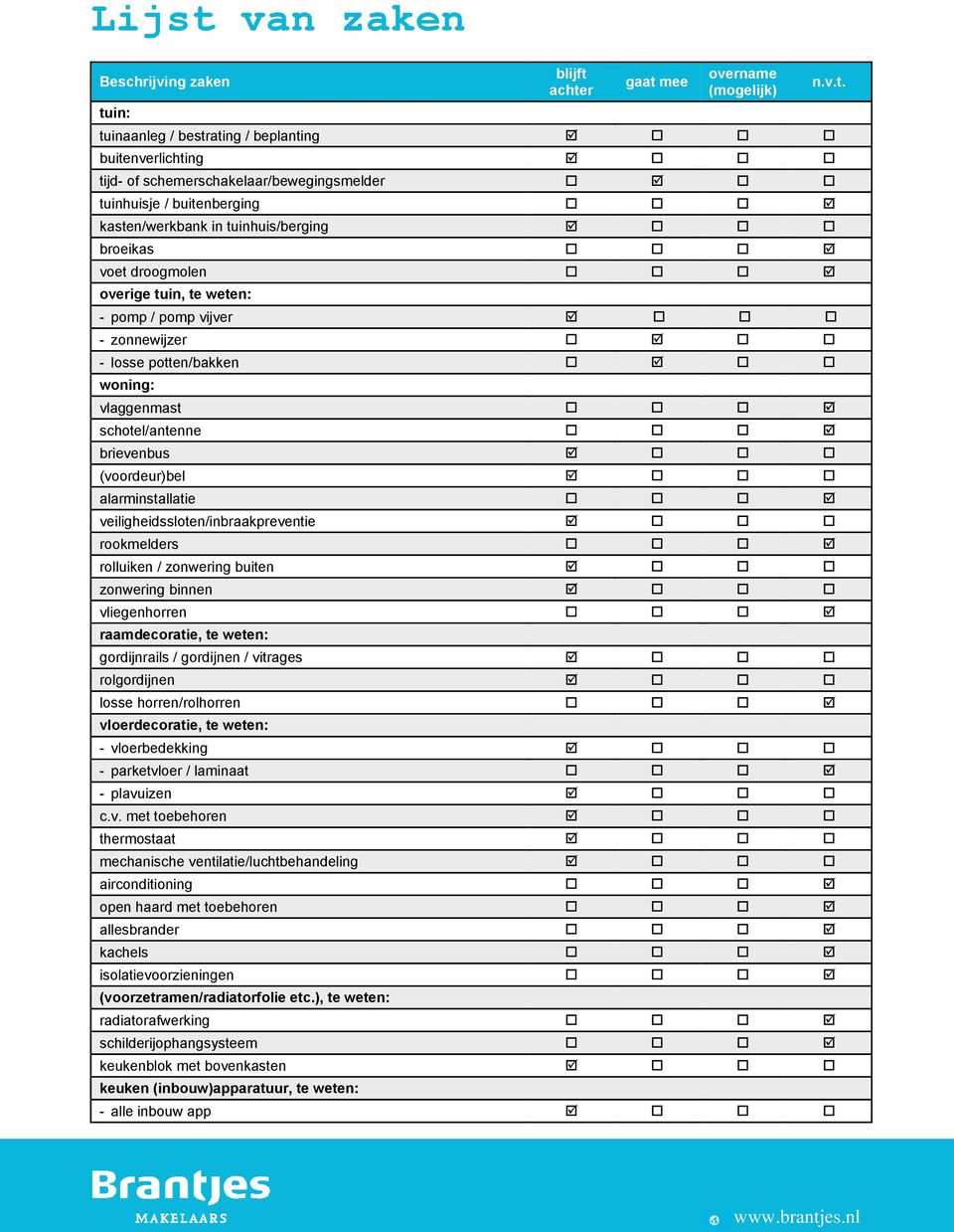 brievenbus (voordeur)bel alarminstallatie veiligheidssloten/inbraakpreventie rookmelders rolluiken / zonwering buiten zonwering binnen vliegenhorren raamdecoratie, te weten: gordijnrails / gordijnen