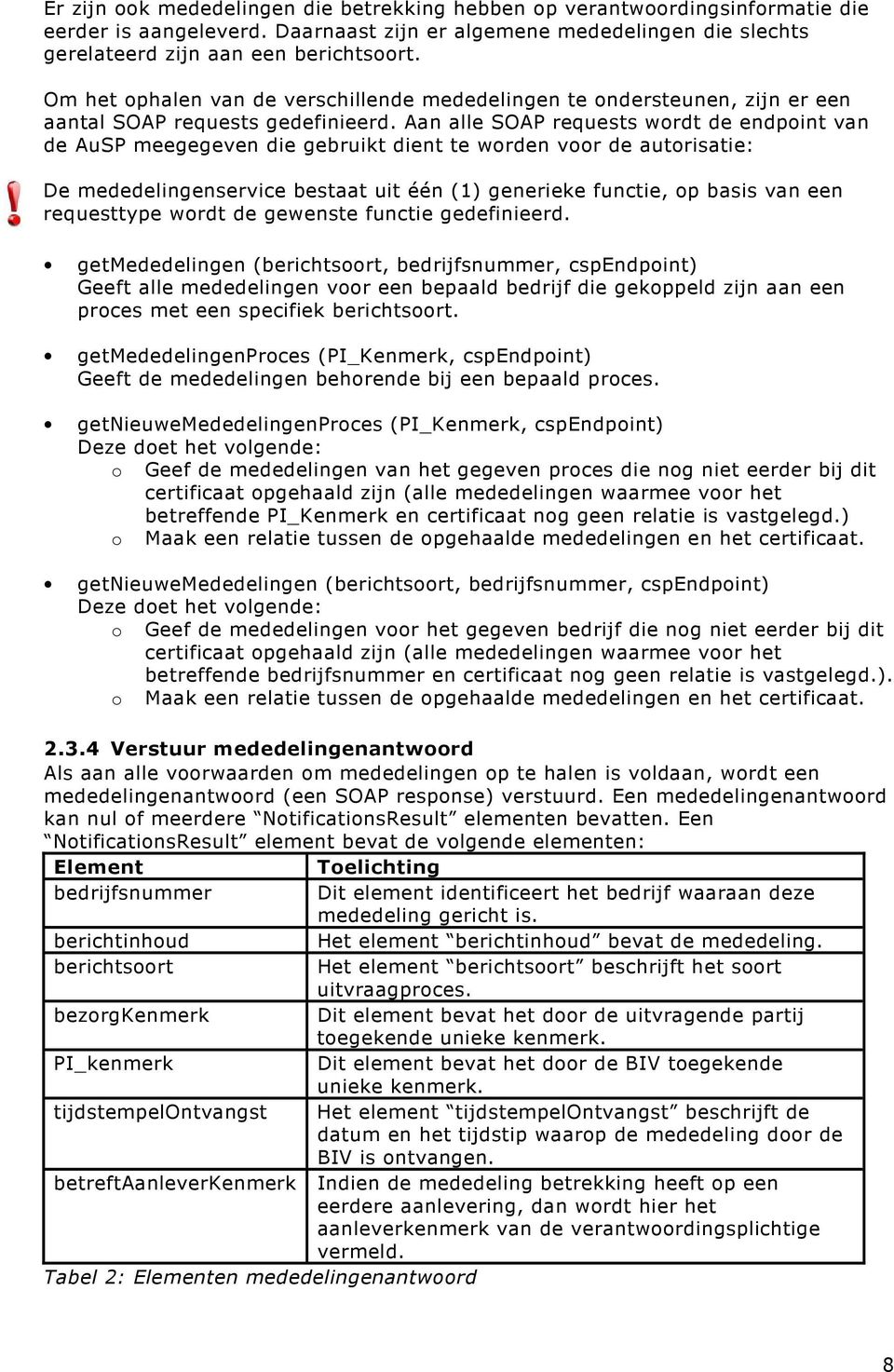 Aan alle SOAP requests wordt de endpoint van de AuSP meegegeven die gebruikt dient te worden voor de autorisatie: De mededelingenservice bestaat uit één (1) generieke functie, op basis van een