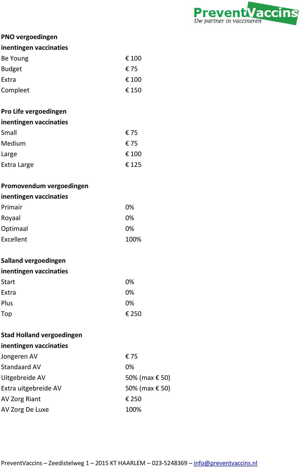 Salland vergoedingen Start 0% Extra 0% Plus 0% Top 250 Stad Holland vergoedingen Jongeren AV 75