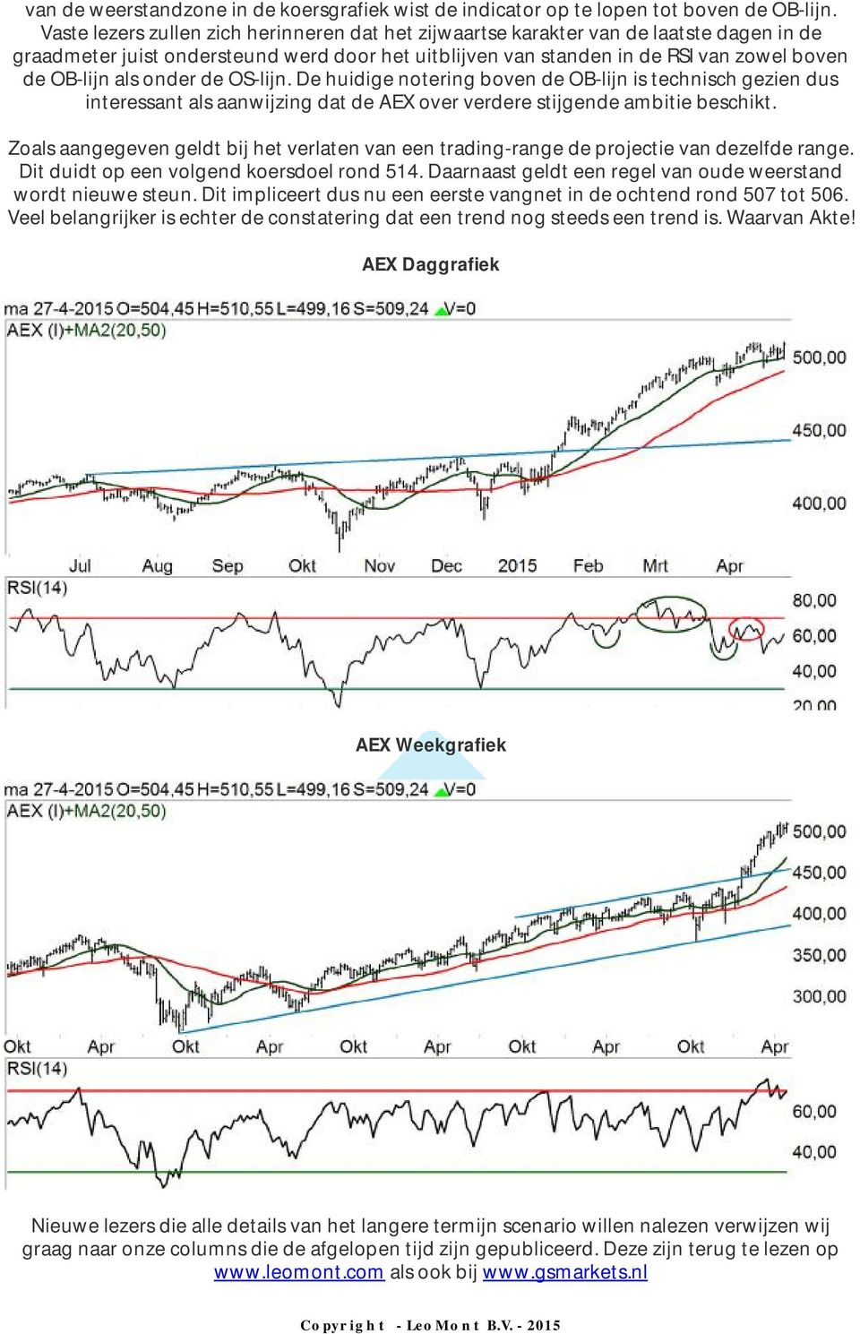 onder de OS-lijn. De huidige notering boven de OB-lijn is technisch gezien dus interessant als aanwijzing dat de AEX over verdere stijgende ambitie beschikt.