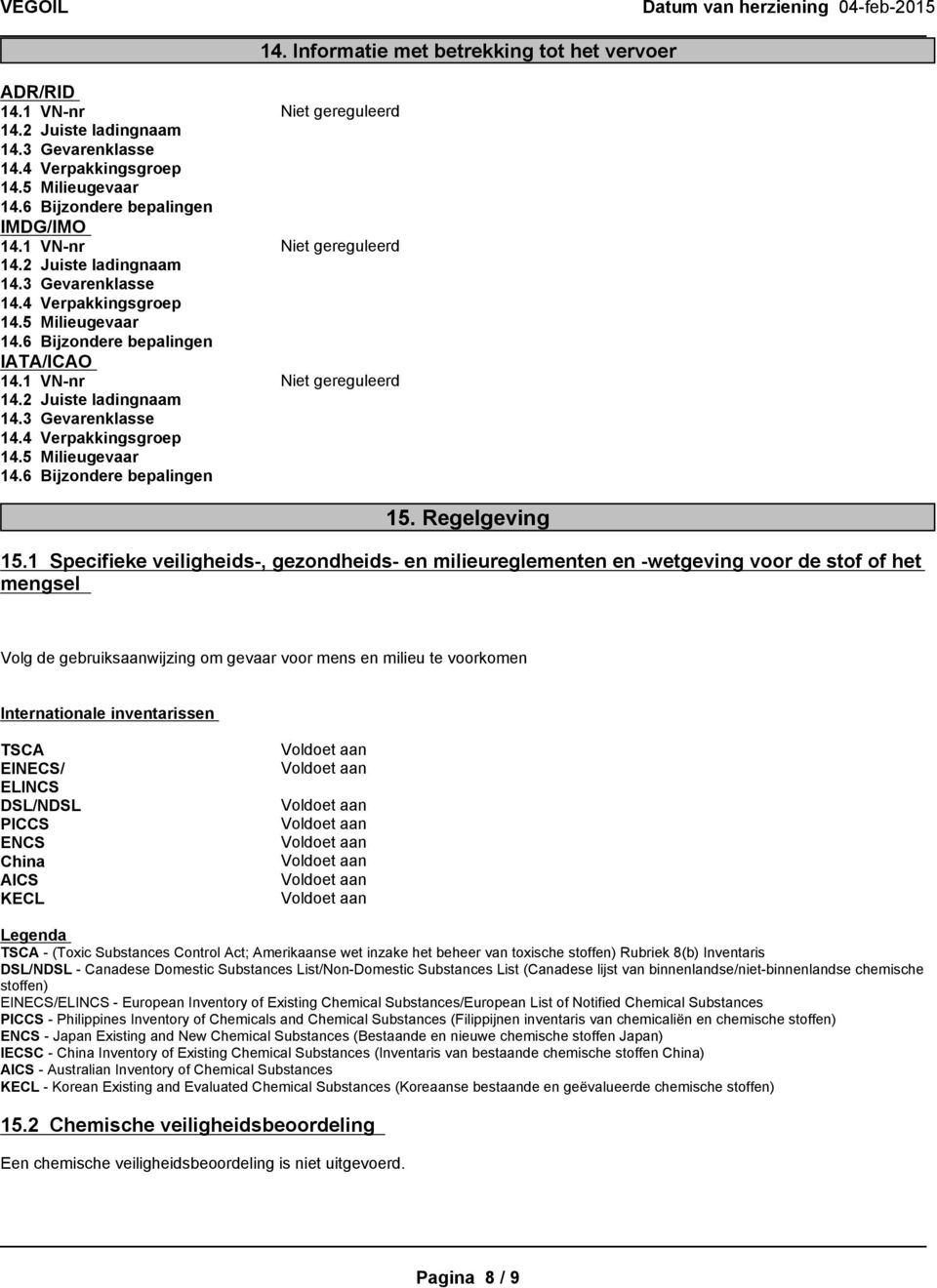 1 VN-nr Niet gereguleerd 14.2 Juiste ladingnaam 14.3 Gevarenklasse 14.4 Verpakkingsgroep 14.5 Milieugevaar 14.6 Bijzondere bepalingen 15. Regelgeving 15.