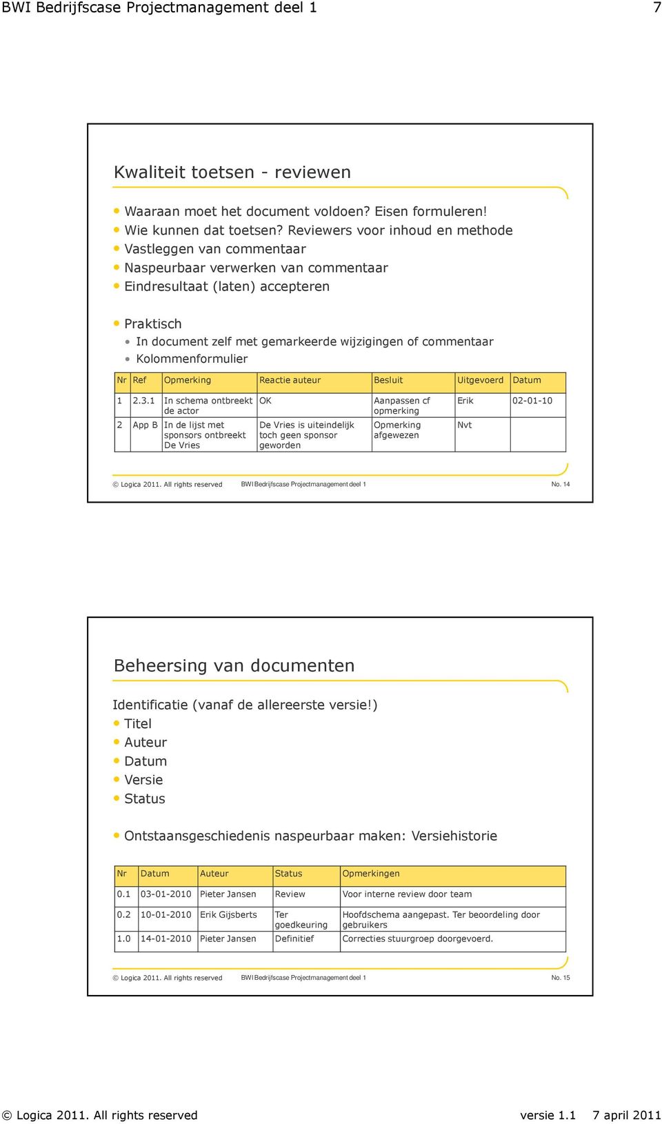 Kolommenformulier Nr Ref Opmerking Reactie auteur Besluit Uitgevoerd Datum 1 2.3.