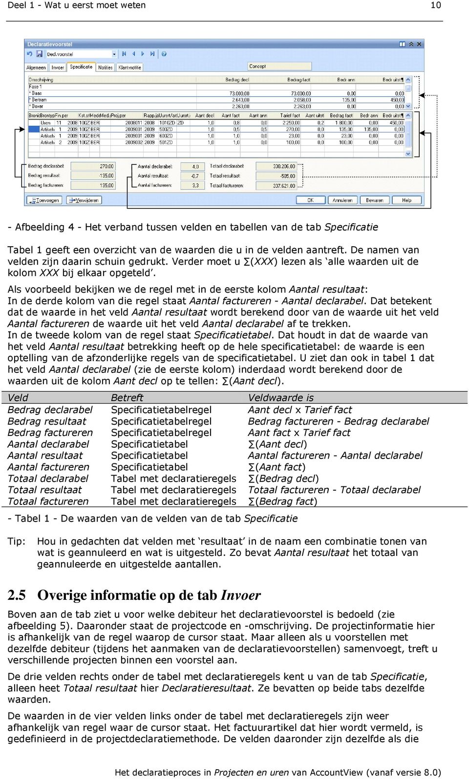 Als voorbeeld bekijken we de regel met in de eerste kolom Aantal resultaat: In de derde kolom van die regel staat Aantal factureren - Aantal declarabel.