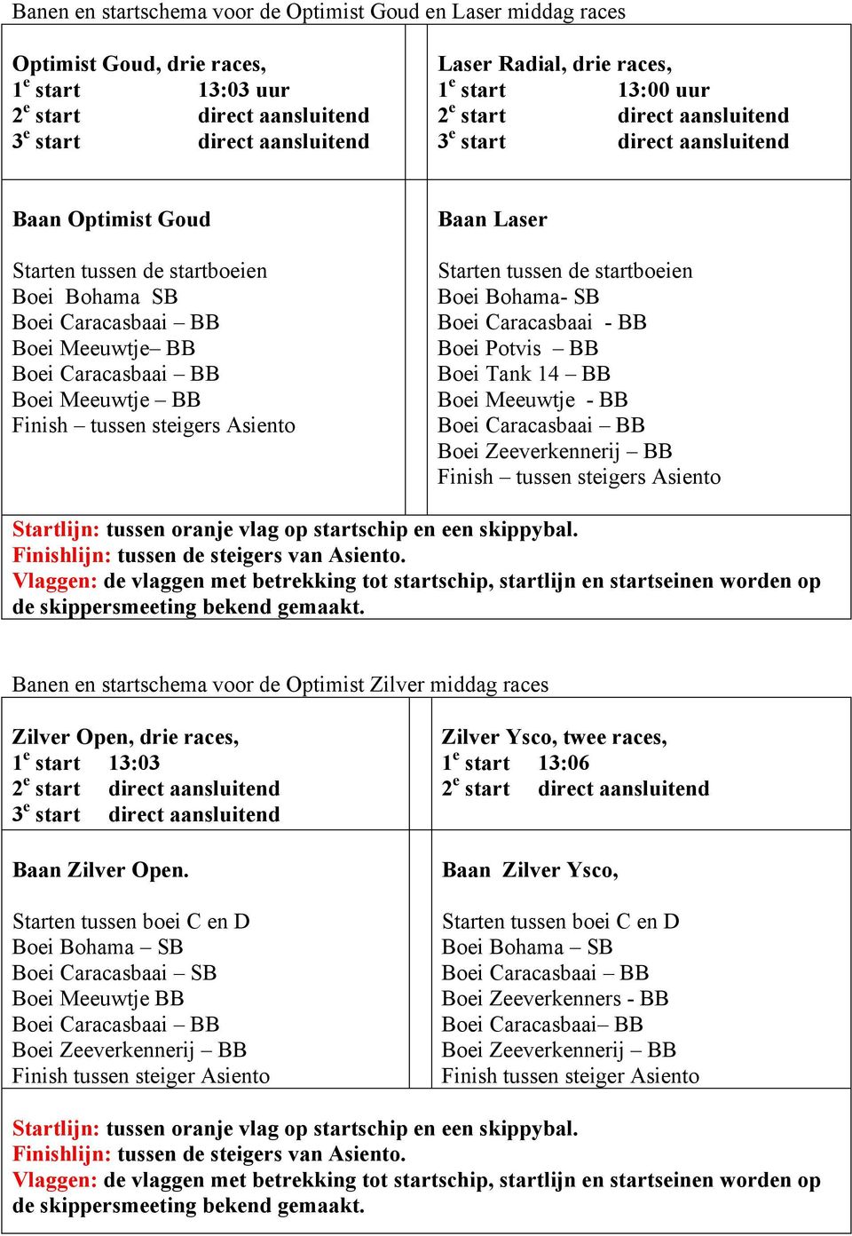 en startschema voor de Optimist Zilver middag races Zilver Open, drie races, 1 e start 13:03 Baan Zilver Open.