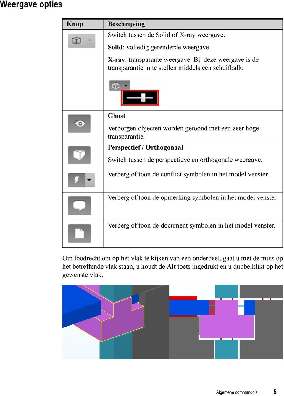 Perspectief / Orthogonaal Switch tussen de perspectieve en orthogonale weergave. Verberg of toon de conflict symbolen in het model venster.