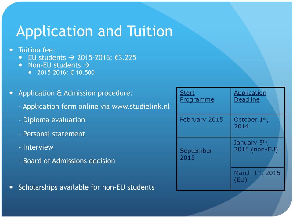 nl Start Programme Application Deadline - Diploma evaluation - Personal statement - Interview - Board of