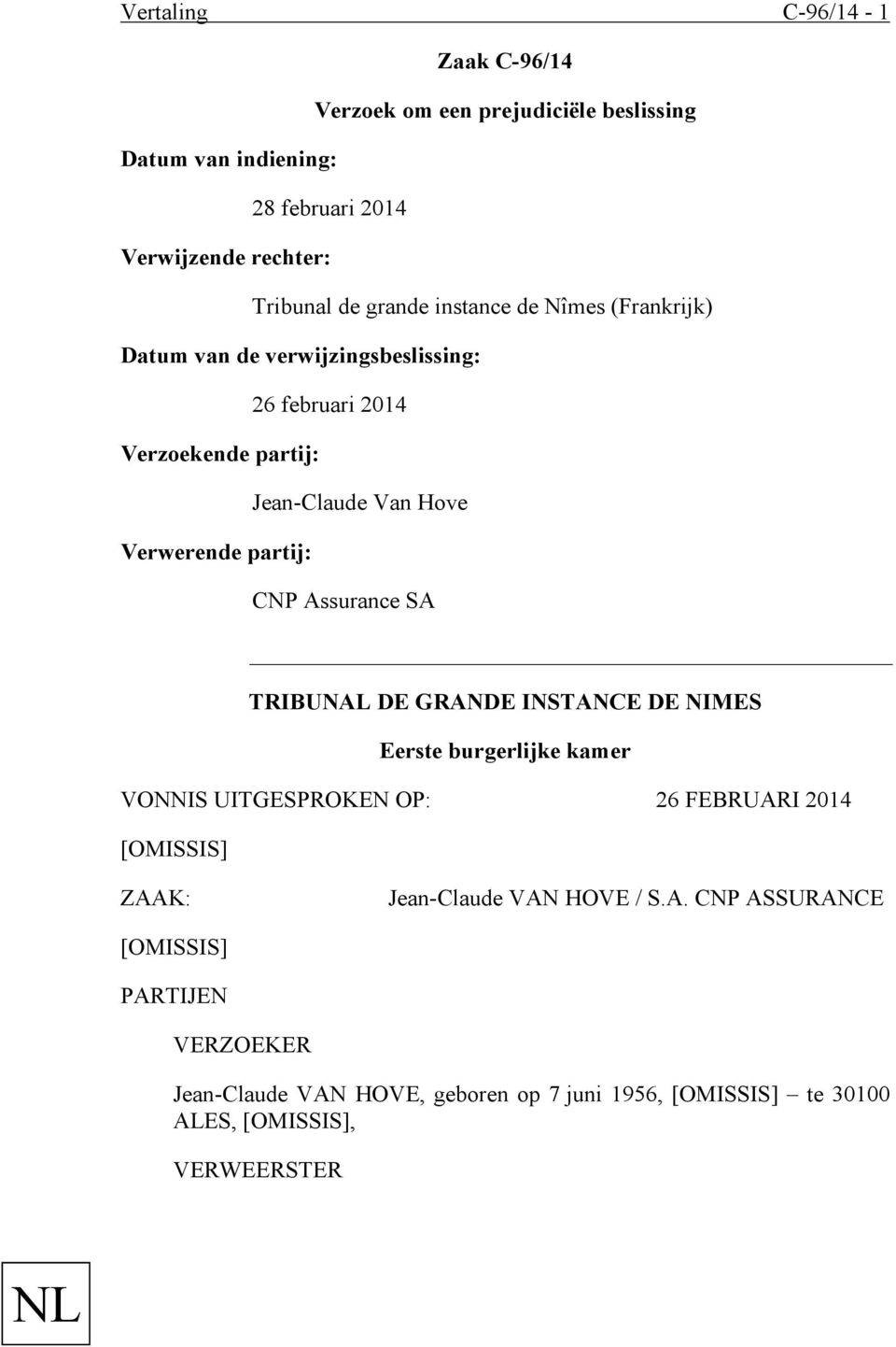 Hove Verwerende partij: CNP Assurance SA TRIBUNAL DE GRANDE INSTANCE DE NIMES Eerste burgerlijke kamer VONNIS UITGESPROKEN OP: 26 FEBRUARI