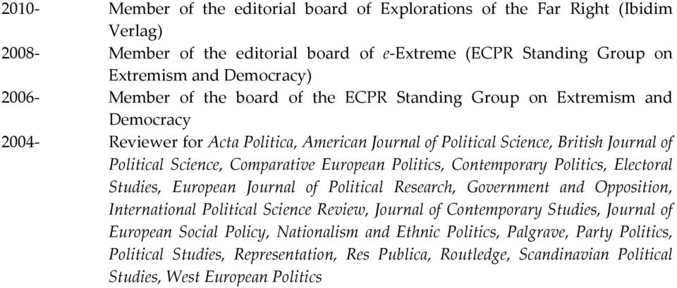 Politics, Contemporary Politics, Electoral Studies, European Journal of Political Research, Government and Opposition, International Political Science Review, Journal of Contemporary Studies,