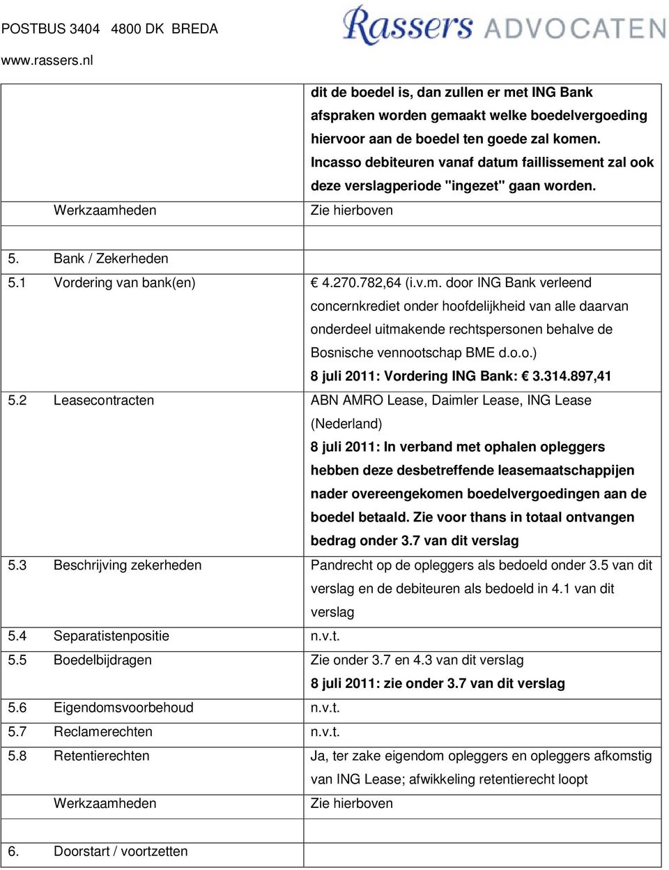 o.o.) 8 juli 2011: Vordering ING Bank: 3.314.897,41 5.