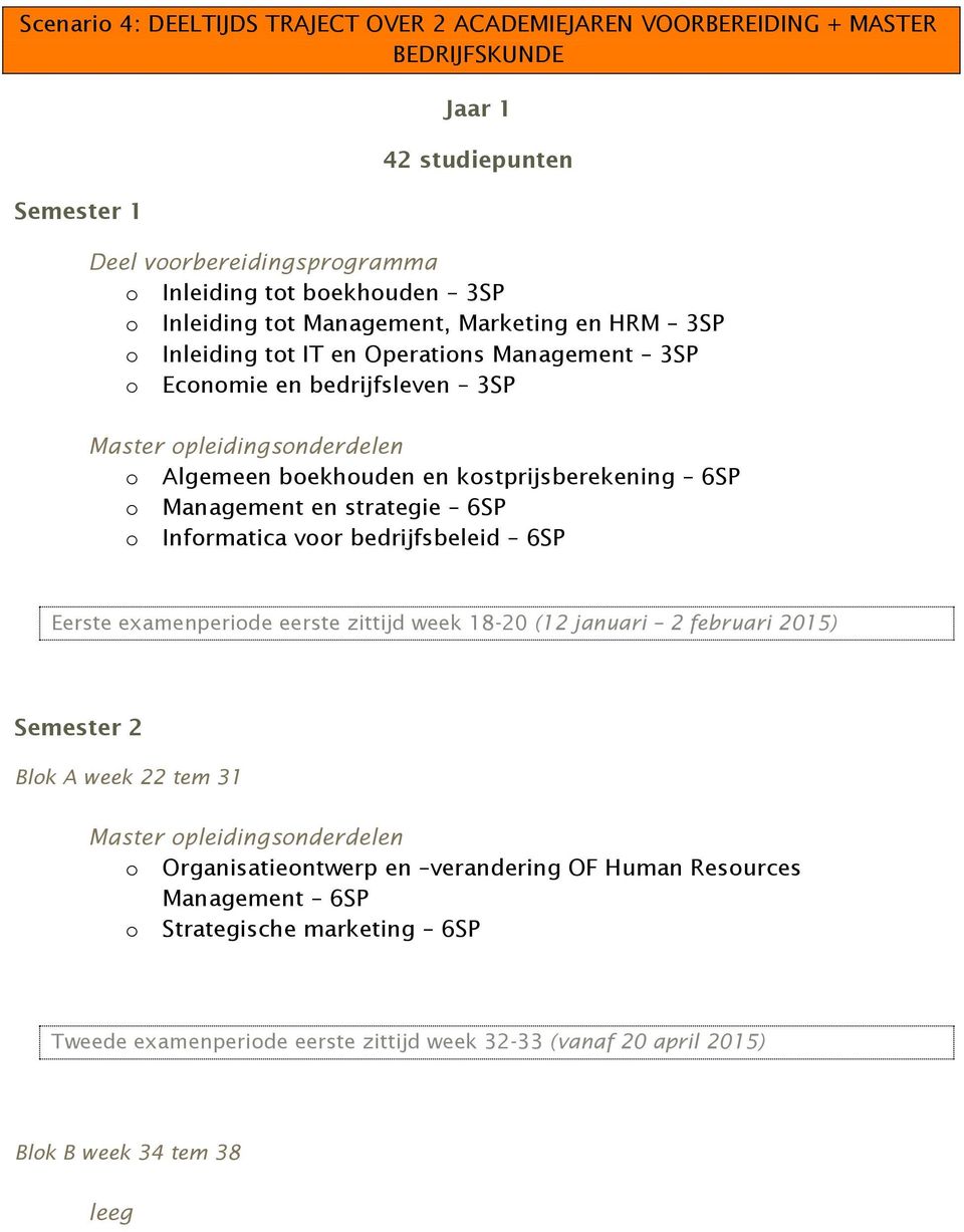 Management en strategie 6SP o Informatica voor bedrijfsbeleid 6SP Eerste examenperiode eerste zittijd week 18-20 (12 januari 2 februari 2015) o