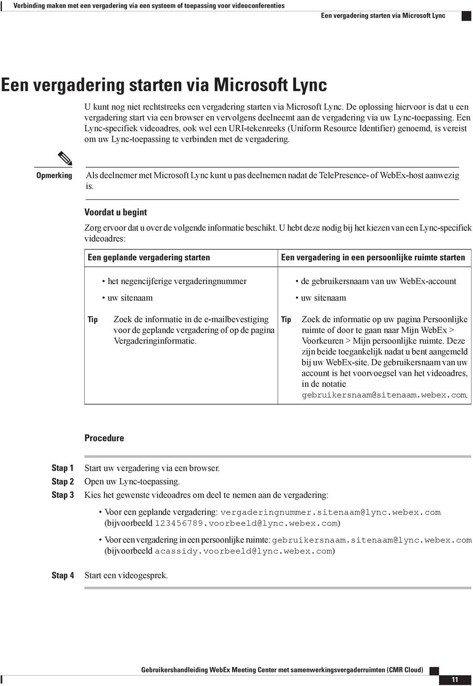 Een Lync-specifiek videoadres, ook wel een URI-tekenreeks (Uniform Resource Identifier) genoemd, is vereist om uw Lync-toepassing te verbinden met de vergadering.